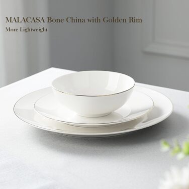 Набір посуду MALACASA Bone China, набір тарілок і мисок із 12 предметів із золотим обідком, набори посуду для 4 осіб, стійкі до подряпин обідні тарілки, десертні тарілки та миски для пластівців, біла слонова кістка Серія JERA