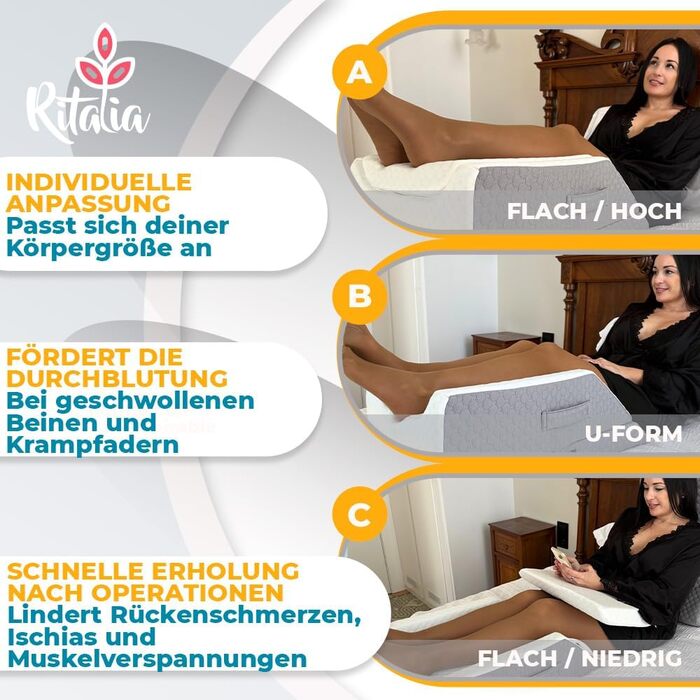Ортопедична подушка для ніг Ritalia Venenkissen: підтримка ніг, лікування варикозу, 3 рівня висоти, сіра