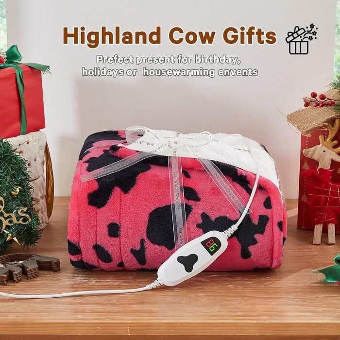 Електрична гріюча ковдра з принтом корови, повний розмір, 183 x 213 см, фіолетова, 10 режимів нагріву, автовимкнення через 8 годин, декор з гірської породи худоби, фліс, шерпа, тепла