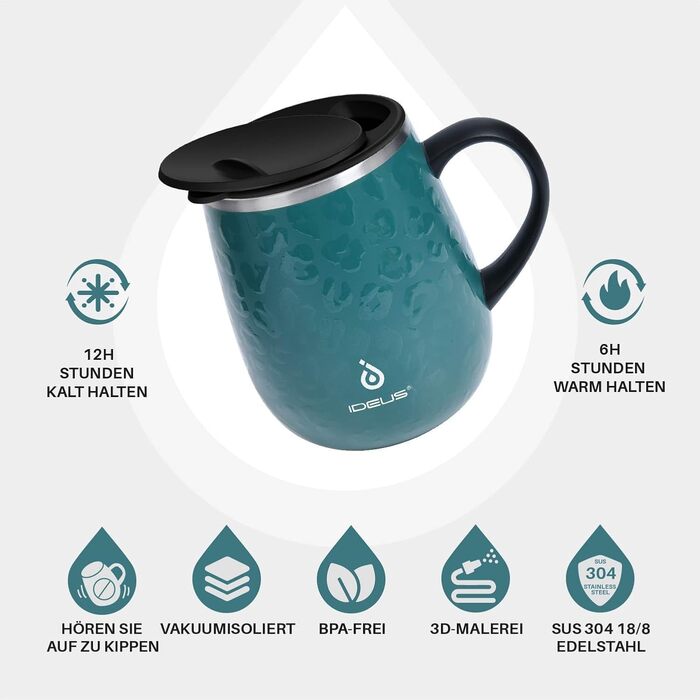 Кружка для кави та чаю Ideus 470 мл з подвійними стінками, нержавіюча сталь, з нековзним ручним тримачем та кришкою-висувним модулем (Трав'яний зелений)