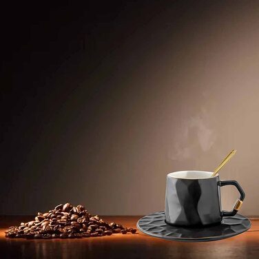 Маленькі кавові чашки Watenkliy з блюдцями і ложками, 6 порцелянових чашок із золотою облямівкою об'ємом 180 мл для кави, кави з льодом, Еспресо,чаю (чорний)