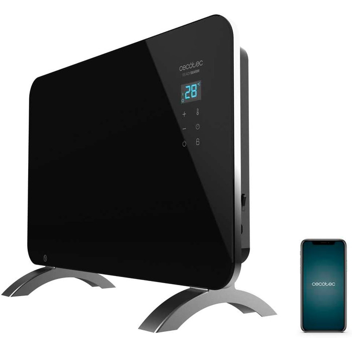 Конвектор Cecotec Ready Warm 6750 Crystal Connection з скляною панеллю. 2000 Вт, WiFi, термостат, таймер, підставка, для ванної кімнати (IP24), тихий, білий (чорний, 1000 Вт)