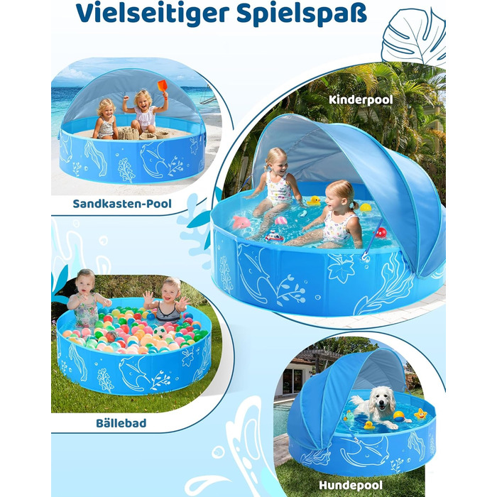 Надувне дитяче басейн з тінню 47 дюймів для пляжу, саду, дому (блакитний)
