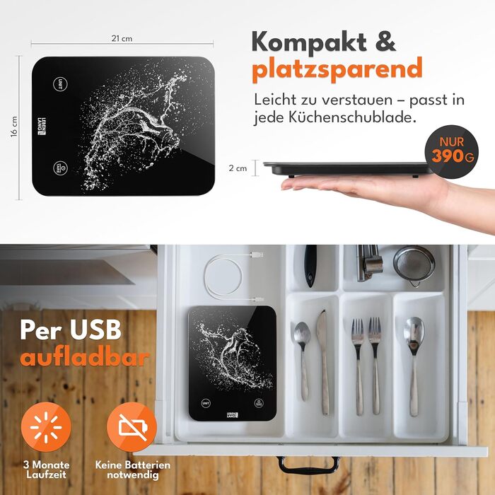 Електронна кухонна вага LEBENLANG - водонепроникна, USB-зарядка, до 10 кг, для їжі та кухні