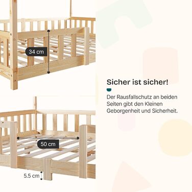 Дерев'яне ліжко-дитяче Treviolo від en.casa: ліжко-хаузмайстер з захистом від падіння, ламелі, монтессорі, для дітей, біле, з матрацом