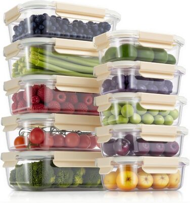 Набір контейнерів для зберігання їжі з кришками, 20 шт. (10 контейнерів, 10 кришок), миюча посуду, придатні для мікрохвильової печі та морозильної камери, герметичні, сучасні, для продуктів харчування, набір контейнерів для їжі (FE1537-cremig)