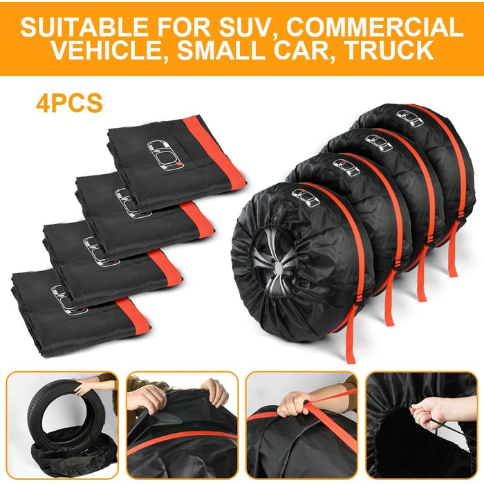 Набір чохлів для шин 4 шт., захисні чохли для шин 13-18 дюймів, з ручкою, для зимових та літніх шин, для чистого транспортування та зберігання, чорний, S(діаметр 66 см)