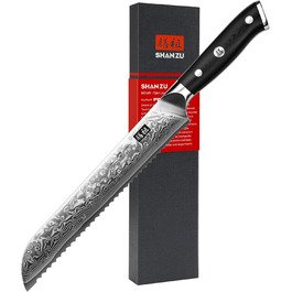 Японський кухонний ніж SHAN ZU 15 см з дамаської сталі (PRO Series) - ніж для хліба, 67 шарів вуглецевої сталі, G10 ручка