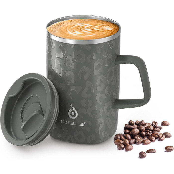 Кавова чашка Ideus® 470 мл з подвійними стінками, з нержавіючої сталі, з антиковзним ручками та кришкою-висувним модулем (Червоний Зебра, Leopard Gray)