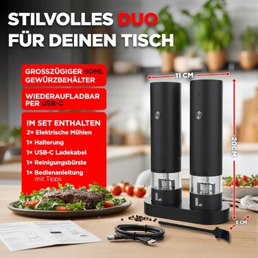 Електрична мельниця для перцю та солі LUNARIA [PREMIUM] – набір, перезаряджувана, регулювання помелу, високоякісний дизайн для кухні та столу