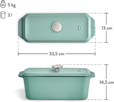 Форма для випічки Springlane з чавуну з кришкою 3L, емальована, для хліба, паштетів та запіканок, 33,5 x 13 см, м'ятного кольору