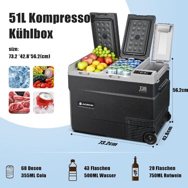 AAOBOSI Компресорна холодильна сумка 51л, 2-зонна холодильна сумка для авто 12v/230v з цифровим керуванням температурою, керуванням через додаток, анти-вібрація, для кемпінгу, вантажівки, човна, автодому, чорна