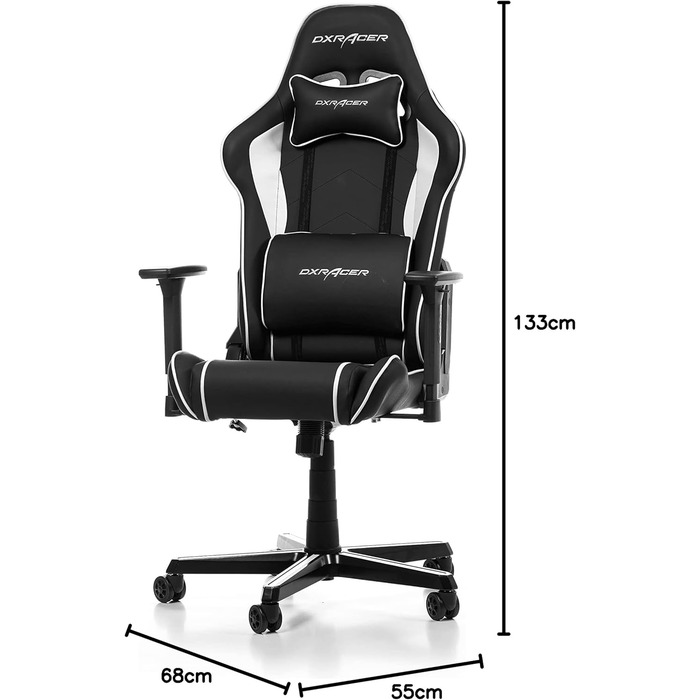 Ігрове крісло DXRacer Prince P08, шкірозамінник, чорно-біле, до 185 см