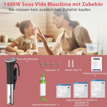 Cooksir Су-від Гастрономічний пристрій, 1400W, 35см, з нержавіючої сталі, Wi-Fi, сенсорне керування, LED, комплект вакуумних пакетів та насос, кулінарна книга