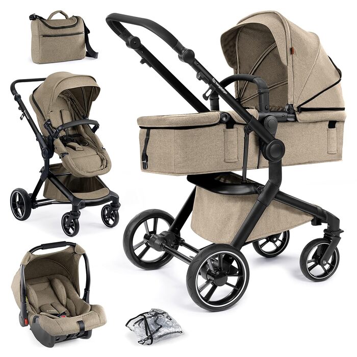 Дитяча коляска Bergsteiger Lugo 3в1 | Комплект 3в1 з аксесуарами - автокрісло, блок для прогулянок, сонцезахисний козирок та вітрозахисний чохол | Доступна Isofix база (колір: коричневий, рама: чорна)
