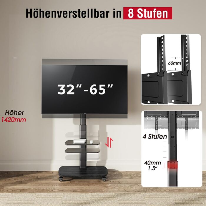 Підставка для телевізора мобільна з поличками Holz, 32-65 дюйми, чорна, VESA 400x400, до 40 кг