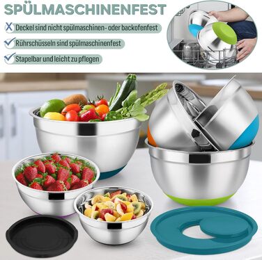 Набір мисок HaWare 6 шт. з нержавіючої сталі, 6 мисок + 6 кришок + 3 тертки, об'єм 4.6/2.8/2.5/1.6/1.2/0.7л, з антиковзним силіконовим дном, для миття в посудомийній машині