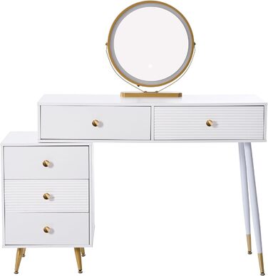 Туалетний столик Merax з дзеркалом та LED-підсвіткою, з бічною шафкою, 6 висувними ящиками та золотими ручками, білий, 102x100x41.5 см (без табурета)