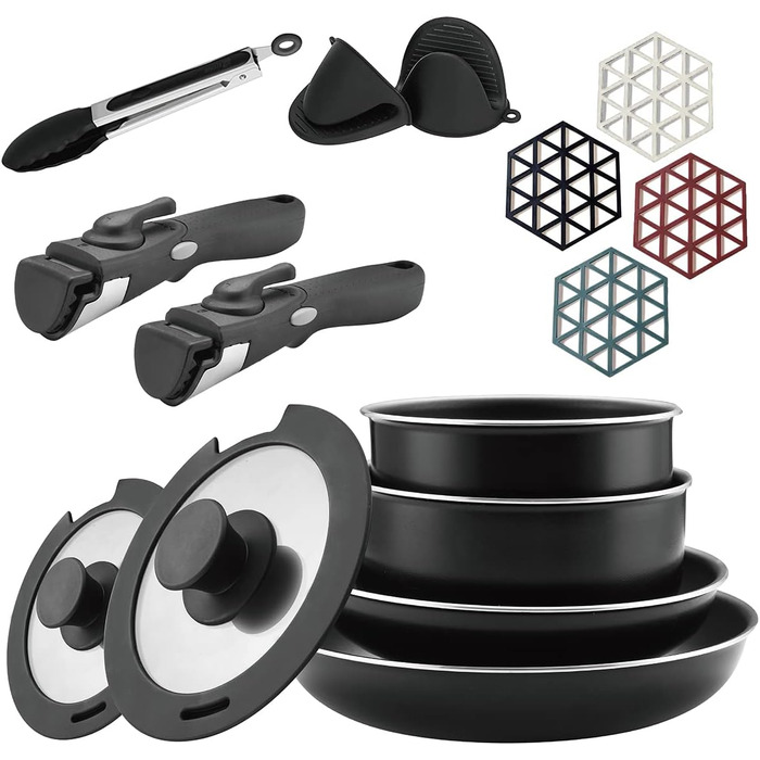 Набір посуду Abizoe з 15 предметів з нержавіючої сталі, з антипригарним покриттям, зі знімними ручками, компактний, Ідеально підходить для домашнього використання