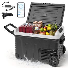 Автохолодильник EUHOMY 35л з Wi-Fi, 12/24V та 220V, портативний компресорний холодильник-морозильник (-20°C~20°C) з колесами та кошиками для подорожей, кемпінгу - чорний