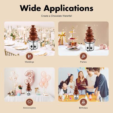 Шоколадний фонтан SABUIDDS з нержавіючої сталі, 4 рівні, з функцією плавлення. Підходить для шоколаду, сиру, солодощів та лікеру. Ідеальний для бранчів, вечірок, святкування Нового року та Різдва.