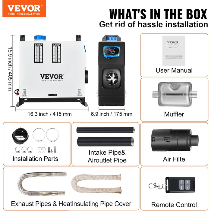 VEVOR 12V дизельний опалювач 8KW - авто опалення, повітряний опалювач для авто, RV, човнів, вантажівок, будинків на колесах, автобусів з червоним LCD-вимикачем та 1 виходом для повітря