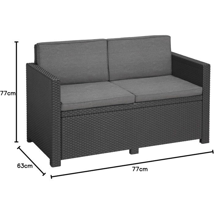 Садовий диван Allibert Victoria 2-місний ротанг сірий з подушками + садовий столик - вуличний, вологостійкий, 129x63x77 см