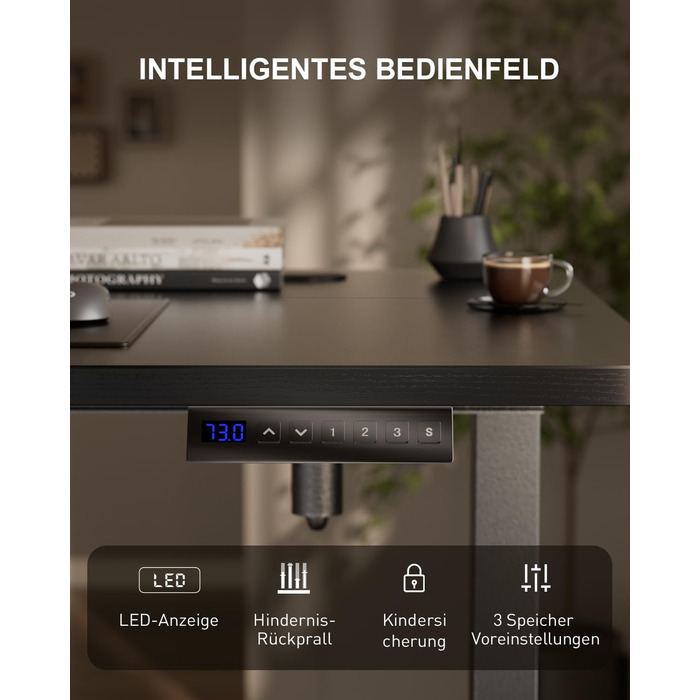 Регульований стіл з підняттям USB-портами та розеткою, 100 x 60 см. Електричний стіл, комп'ютерний стіл з пам'яттю 3-ох функцій, білий колір (чорний, 100 x 60 см)