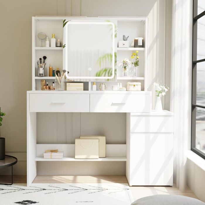 Дзеркало для макіяжу JUMMICO з LED-підсвічуванням, регульована яскравість та колірна температура, органайзер, туалетний столик з ящиками та регульованими полицями, 110x40x140 см