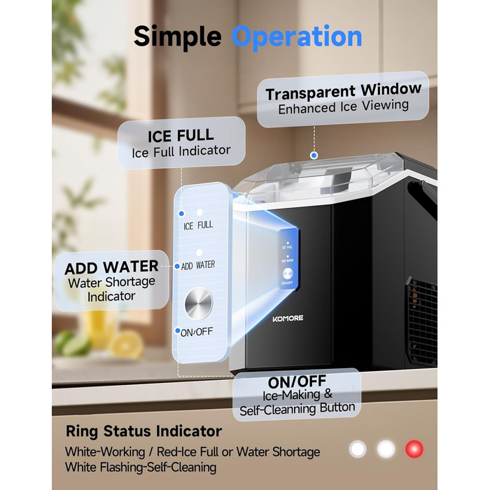 Машина для приготування морозива Komore, 15 кг/день, швидка (5 хв), портативна, з лопаткою та кошиком, самоочищення, для дому та офісу, чорна