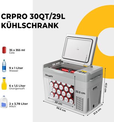 Автохолодильник BougeRV CRPRO Kompressor 29L: -22℃~10℃, 12/24V DC, 110-240V AC. Для авто, кемпінгу, подорожей. Оновлена версія (сірий)
