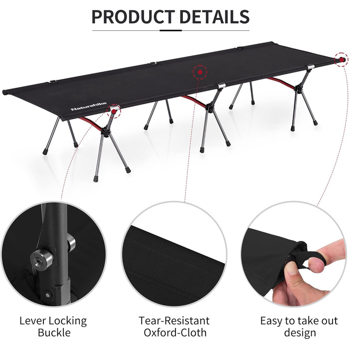 Польове ліжко Naturehike ультралегке складане, витримує до 150 кг, з регулюванням висоти, чорне — для кемпінгу, офісу та гостей