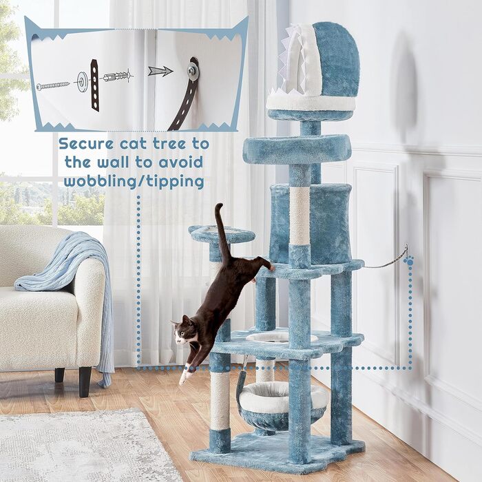 Кігтеточка для котів Yaheetech Sea Cat Tree 155 см, дизайн океану з котячою печерою у формі акулячої пащі Котяче ліжко Підвісний кошик платформа, стійке дерево для скелелазіння для котів, синьо-біле