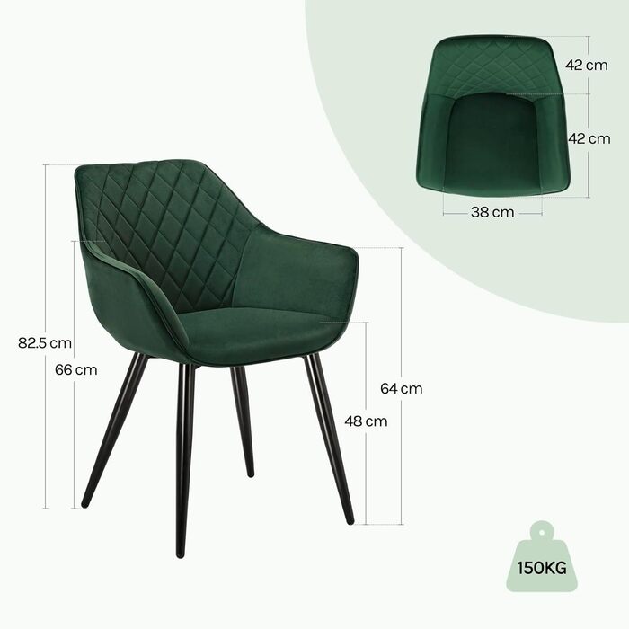 Набір з 2 стільців Woltu Esszimmerstühle: м'які крісла з підлокітниками для кухні, вітальні, обідньої кімнати, зелений велюр, металеві ніжки