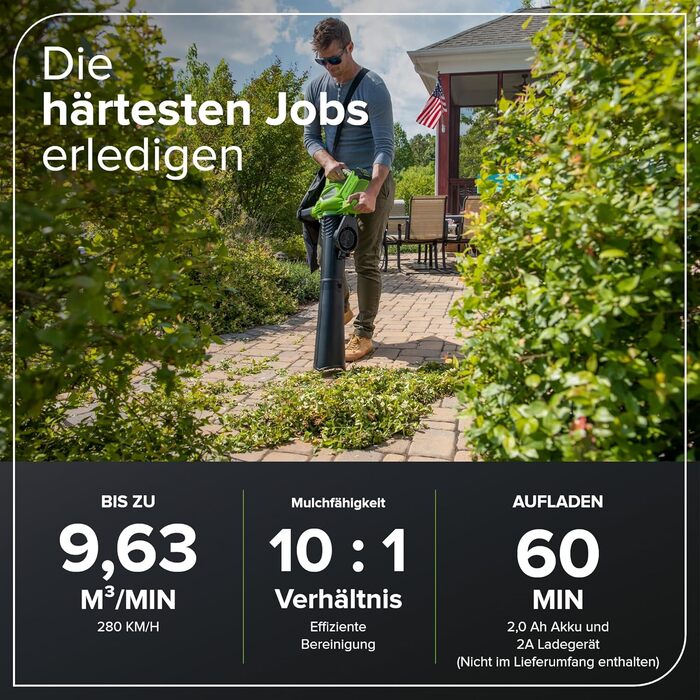 Акумуляторний листозбірник/лістовий повітродув Greenworks 40V GD40BVK2X з безщітковим двигуном, 370 км/год, 14.17 м³/хв, 45л мішок для збору листя, 3 роки гарантії, 5Ah акумулятор та універсальне зарядне пристрій + бонусний акумулятор 4Ah