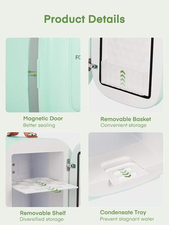 Міні холодильник FOHERE 5 літрів / 6 банок, USB живлення, 220V AC/12V DC, для напоїв та догляду за шкірою, білий (зелений)