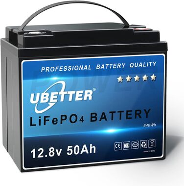 Акумулятор UBETTER Mini 12V 50Ah LiFePO4, 100A BMS, 1280 Втгод, 4000 циклів, компактний, легкий, термін служби 10 років