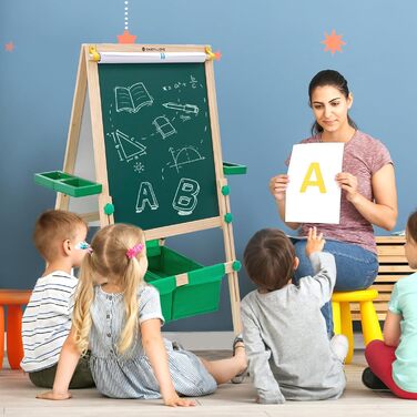 Дитяча мольберт-трансформер з паперовим рулоном, дошками для малювання та аксесуарами. Регульована висота 90-110 см. Дошка з покриттям для сухого стирання.