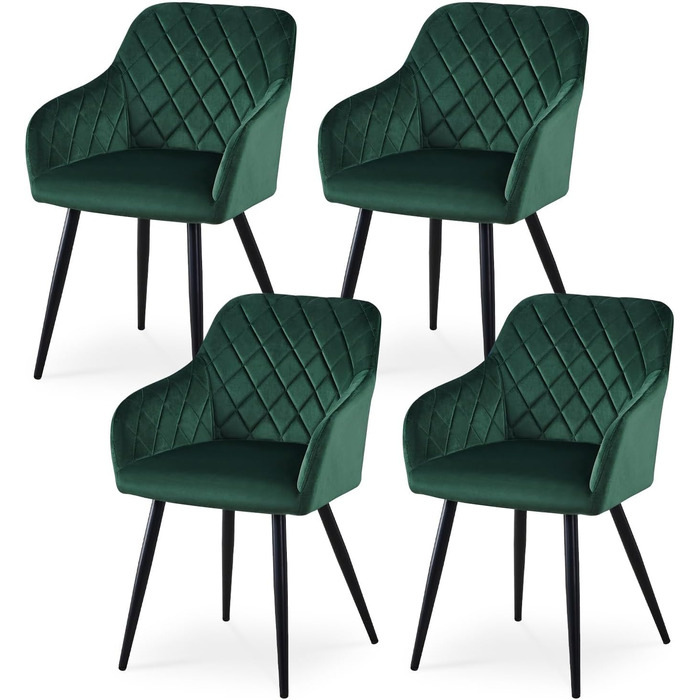 Крісла для їдальні CLIPOP, комплект 4 шт., обтягнуті оксамитом, з металевими ніжками, для вітальні, кухні, їдальні (4 шт., оксамит, зелений)