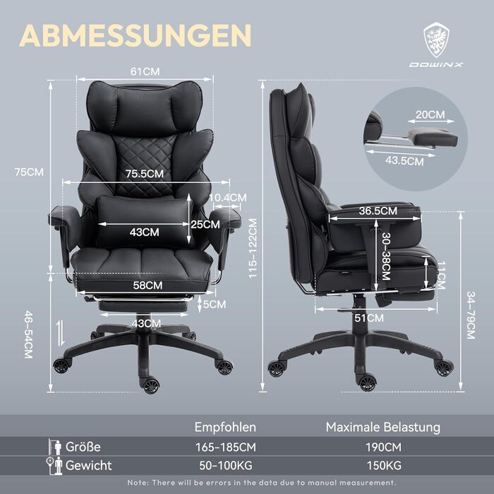 Ігровий крісло Dowinx, ергономічне з кишеньковим пружинним сидінням, крісло для начальника з м'якою спинкою та регульованою поперековою підтримкою, підлокітниками та підставкою для ніг (PU-чорний), чорний PU