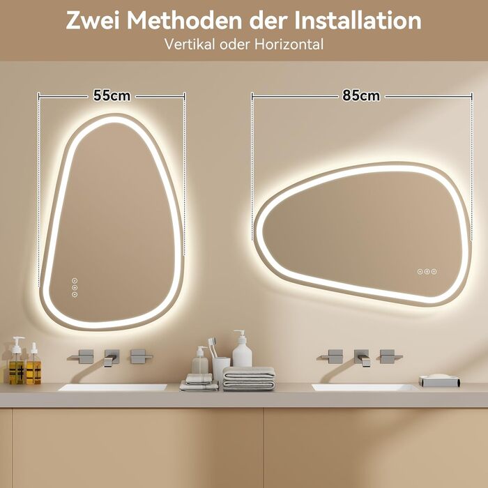 Дзеркало для ванної кімнати YOURLITE з підсвічуванням, 85x55 см, LED, сенсорне керування, 3 кольори світла, регулювання яскравості, антизапар, горизонтальне/вертикальне, IP44, білий