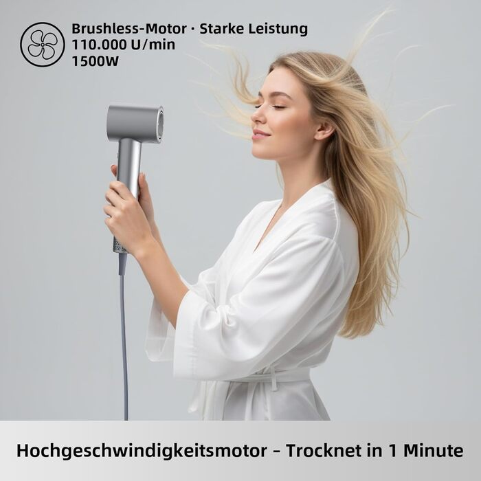 Фен для волосся Healthkeep з негативними іонами, 1600 Вт, високошвидкісний мотор 10 000 об/хв, 2 дифузори, низький рівень шуму (<78 дБ), швидке сушіння