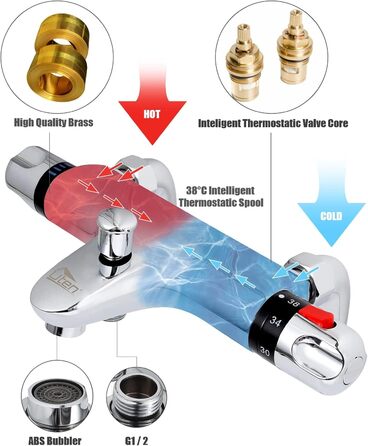 Змішувач для ванни з термостатом Uten, 2 виходи, латунь (срібло-1), захист 38°C