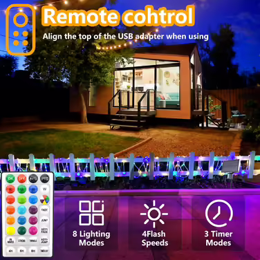 GLPE LED світлодіодна гірлянда 2 шт. × 10 м, 200 лампочок, USB, IP65, 8 режимів, 16 кольорів, водонепроникна для вулиці й дому, для спальні, вечірки, саду, кемпінгу, Різдва