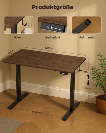 Регульований по висоті письмовий стіл 120x60 см з пам'яттю на 2 режими, стіл для домашнього офісу та геймінгу, колір вінтажний коричневий