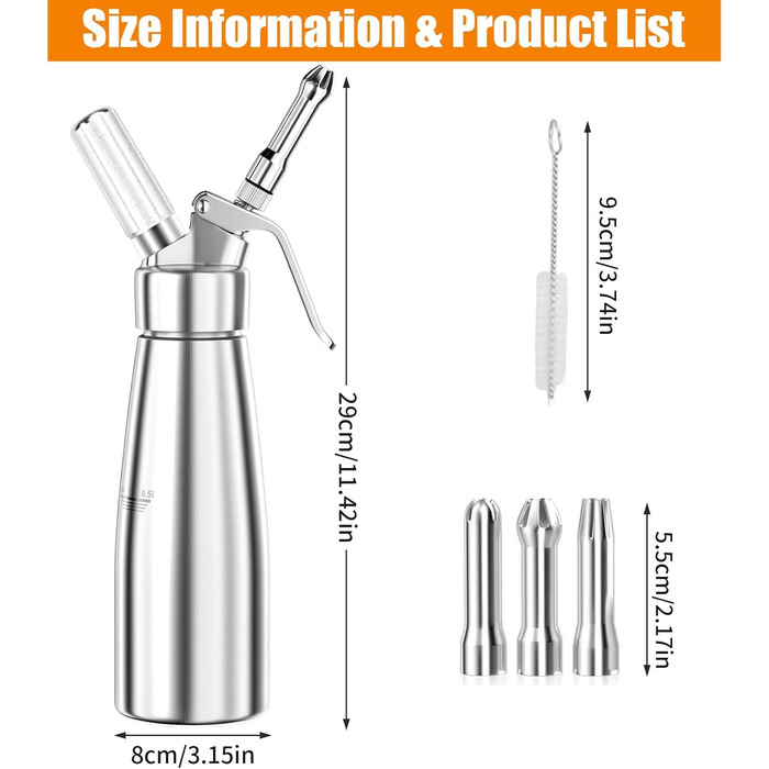 Професійний дозатор для вершків з нержавіючої сталі, 500 мл, з 3 насадками та щіткою для чищення