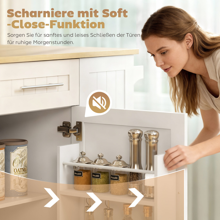 Мобільний кухонний острівець з розширюваною поверхнею, шафки, ящики, тримач для рушників, кухонна візок з МДФ, білий