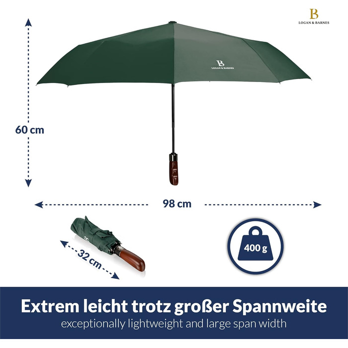 Парасолька складна штормозахисна LOGAN & BARNES до 140 км/год, дерев'яна ручка, тефлонове покриття, модель Дублін, темно-зелений