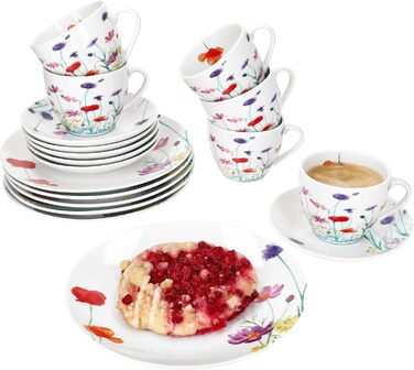 MamboCat Marie - 18-Piece Coffee Set | Porcelain Dinnerware with Floral Decor for 6 People | 6 Cups (190ml), Saucers & Plates for Breakfast & Coffee