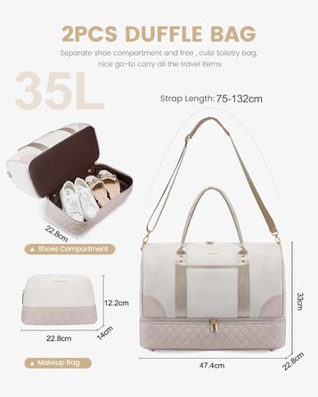 Сумка-мішок LOVEVOOK для подорожей: жіноча дорожня сумка-мішок з відділенням для взуття та мокрих речей, 2 шт. (35л, Beige & Khaki)